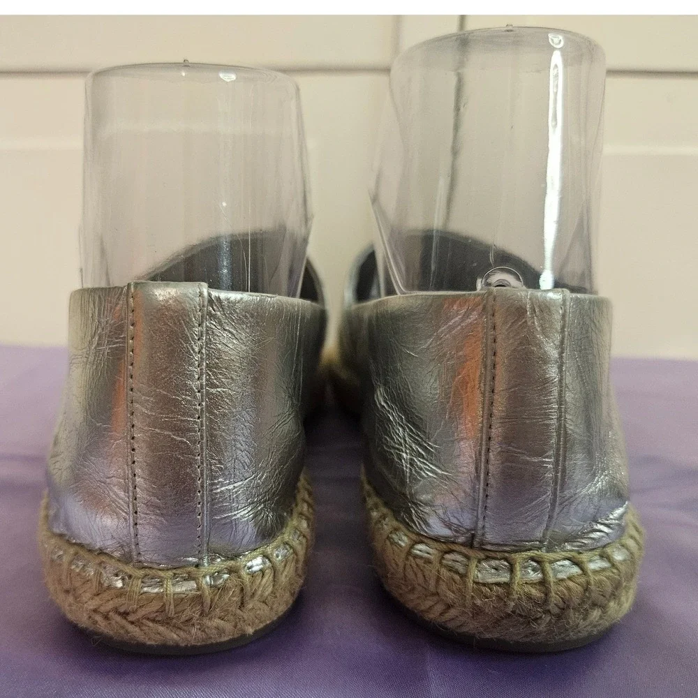 Tory Burch Eleanor Silver Metallic Leather Espadrille Flats Double T Logo 8.5M